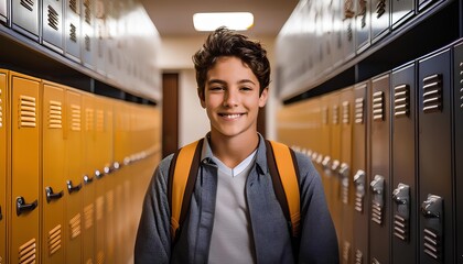 Smiling student standing in school hallway with lockers