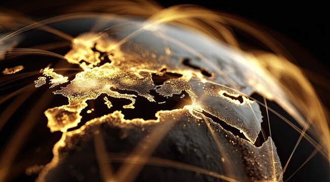 Global network centered on Europe.  Golden light streaks connect continents.  Detailed map, glowing with luminous dots