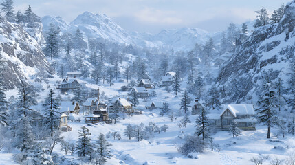 Fototapeta premium Snowy village nestled in a valley surrounded by majestic, snowcovered mountains under a hazy winter sky, creating a peaceful and serene winter wonderland scene.