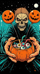 Fototapeta premium A skeleton holding a pumpkin bucket full of candies and two pumpkin balloons in a spooky night scene. A fun illustration full of Halloween spirit. Trick or treat, spooky season, creepy.