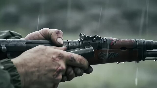 Closeup of Person Reloading Rifle During Rain in Outdoor Grassy Field