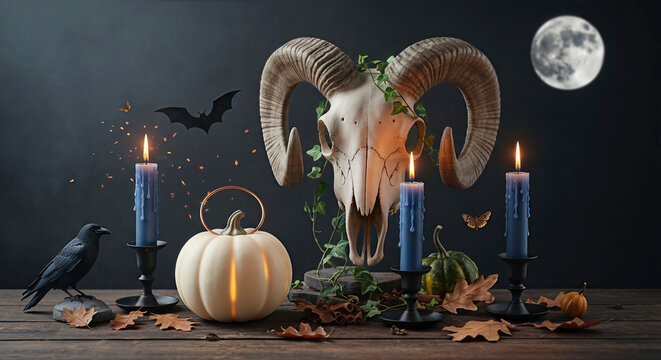 Ram skull and Halloween decorations create an eerie scene on a table. A moody, still life evokes a sense of mystery and magic. Dark aesthetic, pagan ritual, witchcraft. - Powered by Adobe