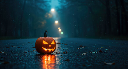 Jack-o'-lantern on a wet road in a dark, misty forest. A moody, atmospheric scene capturing the spooky season. Halloween night, autumn vibes, eerie atmosphere.