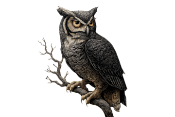 A majestic great horned owl perched on a dead branch, depicted in a detailed, engraved style against a transparent background. background removed