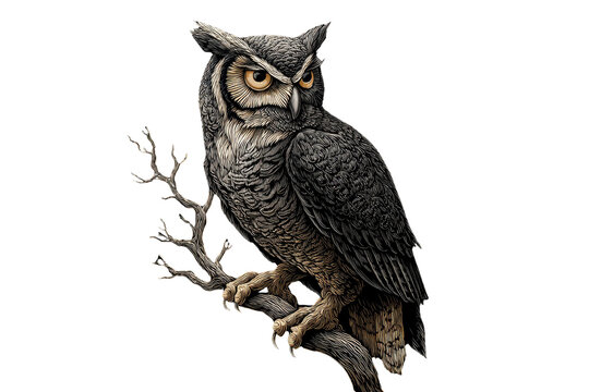 A majestic great horned owl perched on a dead branch, depicted in a detailed, engraved style against a transparent background. background removed
