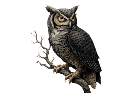 A majestic great horned owl perched on a dead branch, depicted in a detailed, engraved style against a transparent background. background removed