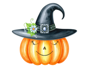 Pumpkin Wearing a Witch Hat with Flower for Halloween.