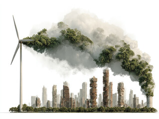 Wind turbine stands beside a crowded city skyline, with dark smoke and green trees framing the scene, illustrating the clash between industry and nature.