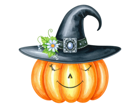 Pumpkin Wearing a Witch Hat with Flower for Halloween.