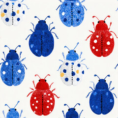 Pattern of colorful illustrated bugs on white background, watercolor style, varied red blue white hues, dotted wings, whimsical decorative design suitable for textiles.