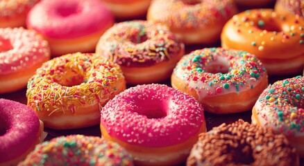 Colorful donuts in a variety of glazes and toppings