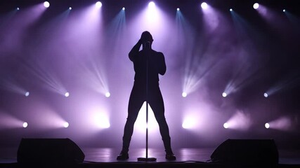 Live Concert Performance: Male Singer's Powerful Silhouette Amidst Dramatic Purple Stage Lights and Haze.