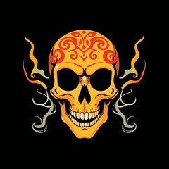 Tribal skull with fiery ornate design and smoke accents