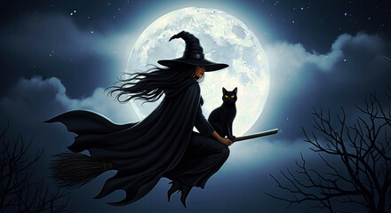 Witch flying on a broomstick with a black cat in the night sky with a full moon. Mysterious, fantastical, and enchanting scene. Halloween concept, spooky season, supernatural.