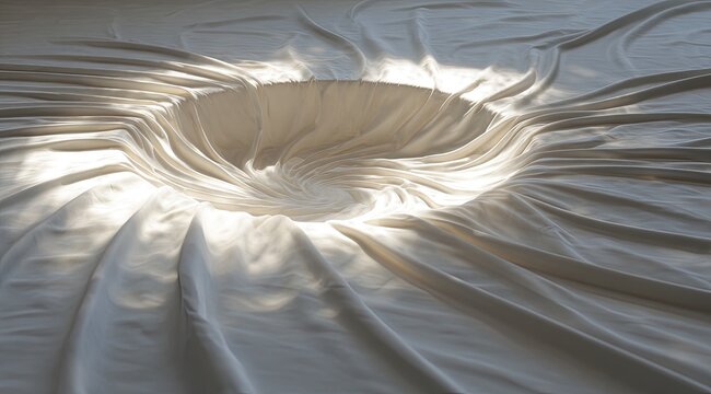 White fabric draped in a swirling vortex. Sunlight highlights the center