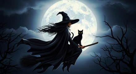 Witch flying on a broomstick with her cat in front of the moon. A digital illustration evoking mystery and adventure. Spooky season, supernatural, witchcraft.