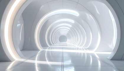 Obraz premium A futuristic, white architectural hallway with concentric arches and bright light.