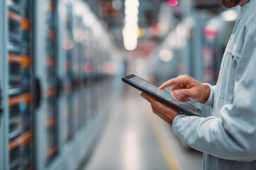 Close-up of technician using digital tablet while inspecting rows of server racks in brightly lit modern data center corridor