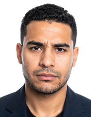 Obraz premium Serious Man Portrait with Dark Curly Hair and Light Beard.