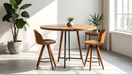 A bright, airy dining area features a round wooden table and matching bar stools, bathed in natural light.