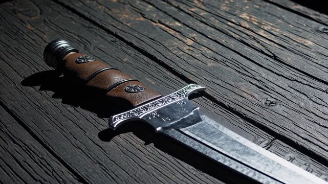 Close-up video shot of a medieval sword on rustic wooden planks, highlighting intricate details and textures from a low angle.