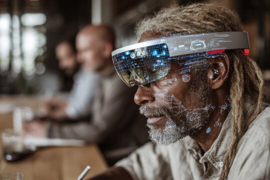 Senior man wearing a high tech augmented reality headset, close up portrait in a warm cafe setting, highlighting innovation, focus, and futuristic wearable technology.