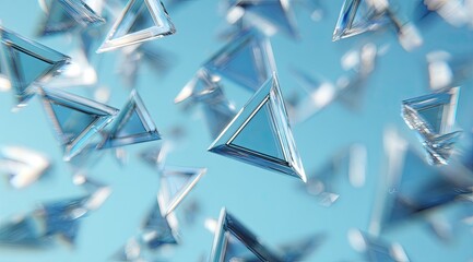Abstract triangular shapes, light blue background.  Glassy, floating forms