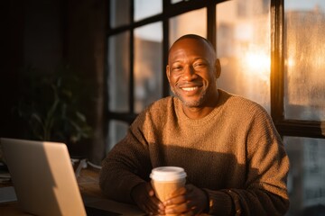 Smiling mature man sitting at desk with laptop holding takeaway coffee cup in warm sunlight by large window in cozy indoor workspace
