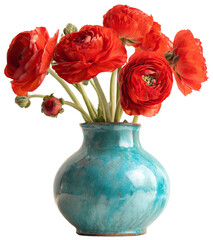 Stylized Red Ranunculus in Minimal Turquoise Vase on Transparent Background
