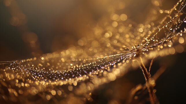 Close-up of spider web with dewdrops glowing in warm light - Powered by Adobe