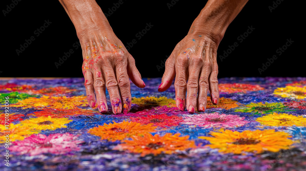 Poster close-up of hands pressing vibrant paint on a flat surface, mixing colors and textures as pigment bl