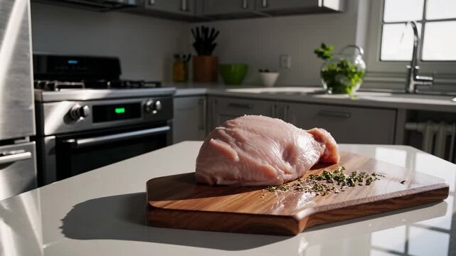 A raw chicken breast on a wooden board in a sunlit kitchen. Shot from a low angle, perfect for a cooking video concept.