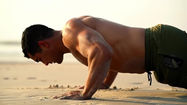 Muscular man performing determined pushups on a sandy beach, showcasing strength during his outdoor fitness workout in the morning light.