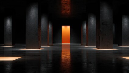Dark, concrete interior with orange doorway