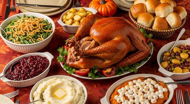 Traditional Thanksgiving Dinner Feast with Roasted Turkey.