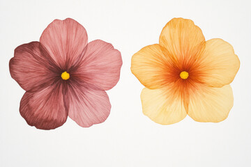 Two delicate five-petaled flowers with soft gradient petals join at vibrant yellow centers, set against a clean white background for a simple, natural botanical close-up, evoking warmth and freshness.