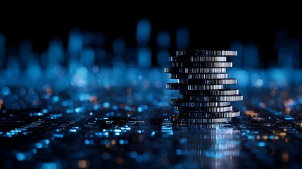 Digital Currency Stacked on Cybernetic Surface with Bokeh Cityscape Backdrop