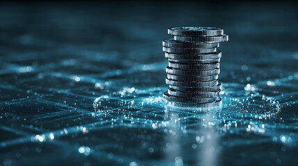 Digital Wealth: Coins Stacked High on a Futuristic Circuitry Background representing Financial