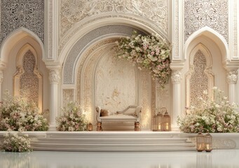 Elegant archway setting with floral arrangements