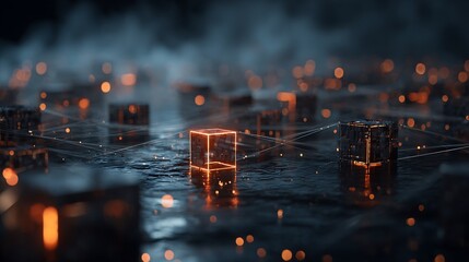 Interconnected Network: A Technological Landscape of Illuminated Cubes and Data Streams