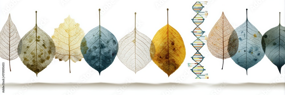 Poster artistic display of leaves transitioning through seasons with a dna strand in the center