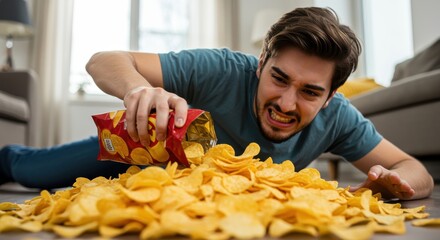 A man, intensely focused on a large pile of chips, eagerly pours more from a bag, showcasing a compulsive eating habit.