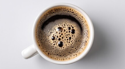 Overhead view of a white coffee cup filled with black coffee, exhibiting a frothy crema