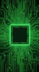 A stylized close-up of a glowing green circuit board, focusing on a central processor unit. Intricate pathways and connections radiate outwards, suggesting technological complexity.
