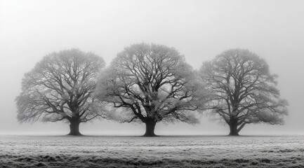 Three frosted trees in a misty field