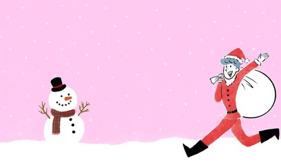 雪だるまとサンタクロースの衣装を着た男性のクリスマスイメージイラスト　雪が降るピンク色の背景