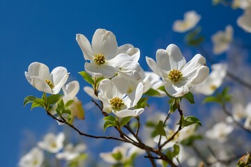 Delicate white dogwood blossoms unfurl against a vibrant blue sky, signaling the arrival of spring.