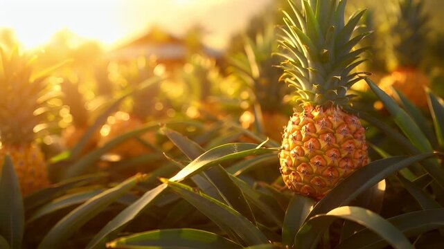 A closeup of a pineapple plant during sunset, with the sun casting a warm, golden hue over the scene. The pineapple is in full bloom.