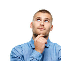 Obraz premium A thoughtful young man with blue eyes, hand on chin, looking upwards against a transparent background. background removed