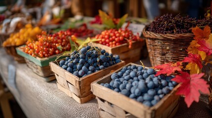 Vibrant display of assorted fruits in wooden baskets with autumn leaves on burlap table